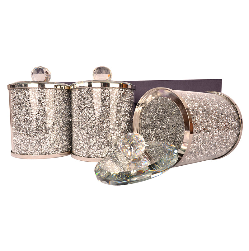 Furnings Three Glass Canister Set on a Tray, Silver Crushed Diamond Glass - 8"H x 4"D