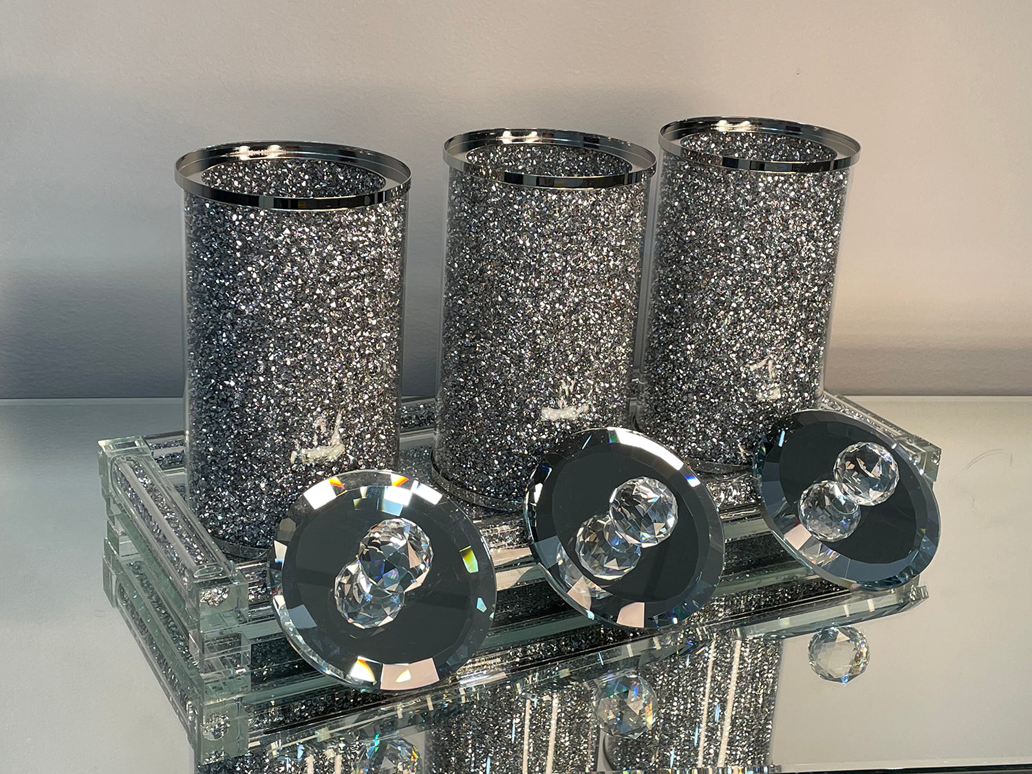 Furnings Three Glass Canister Set on a Tray, Silver Crushed Diamond Glass - 8"H x 4"D