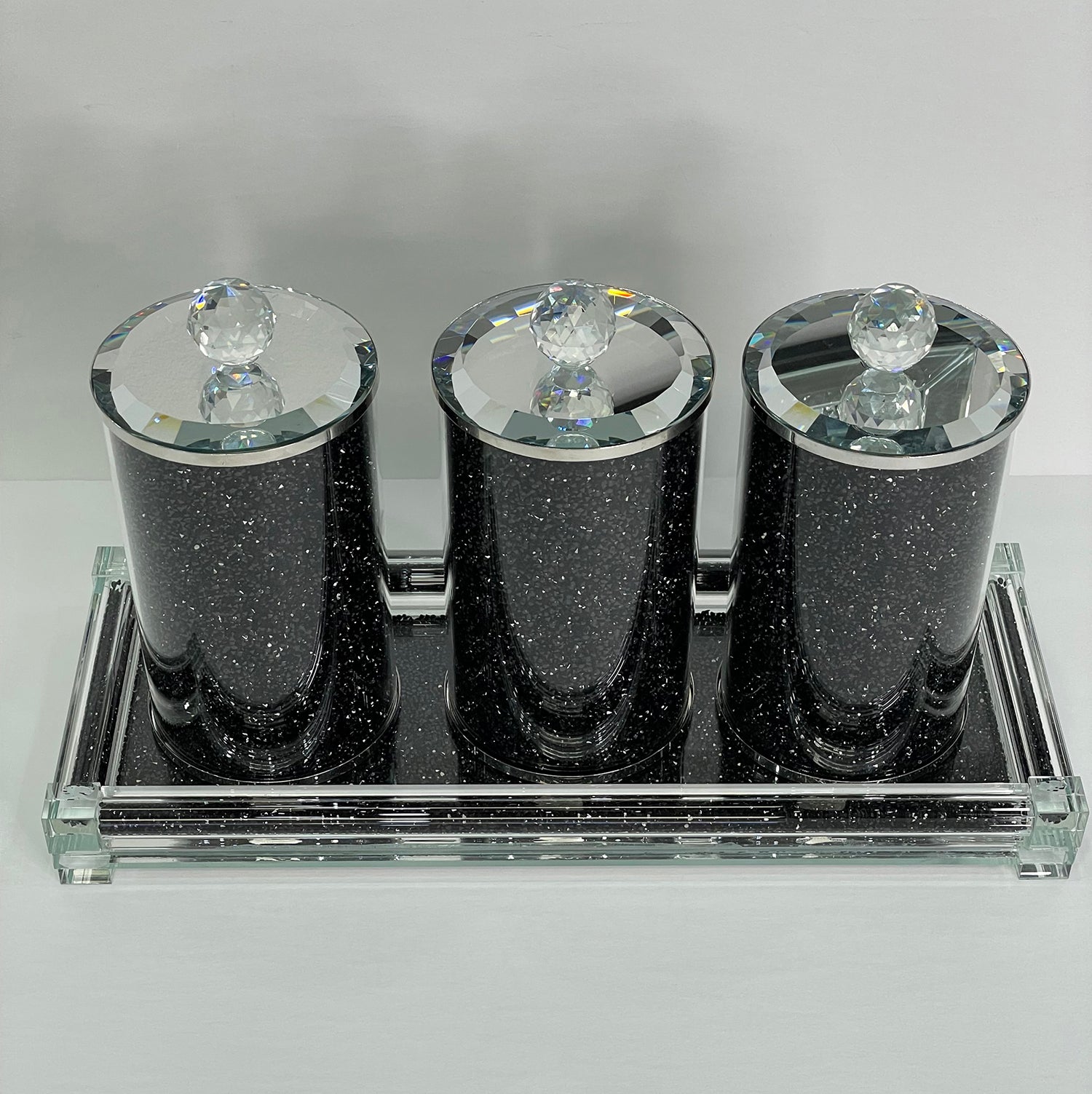 Furnings Three Glass Canister Set on a Tray, Black Crushed Diamond Glass - 7"H x 4"D