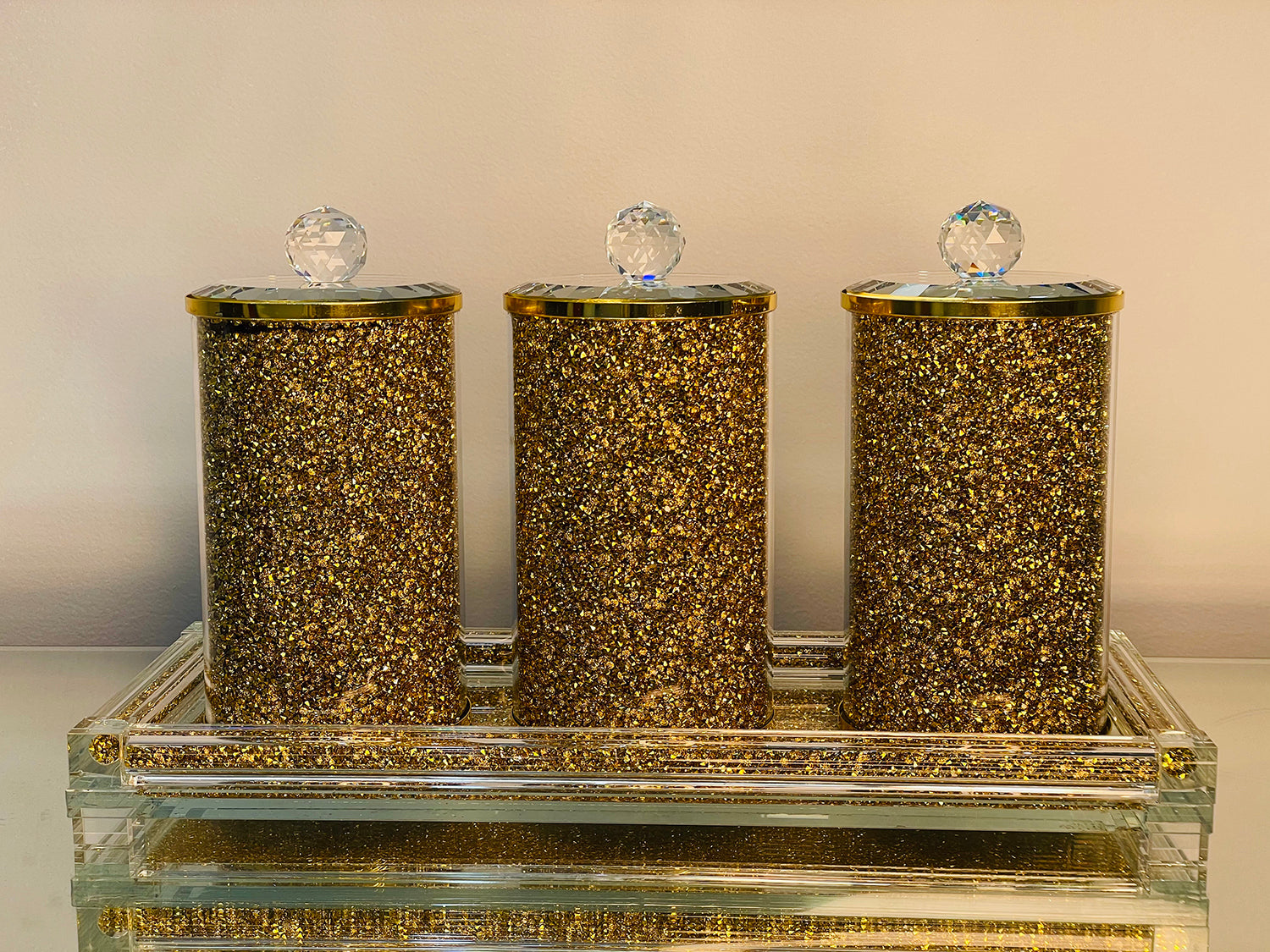 Furnings - Three Glass Canister Set on a Tray, Gold Crushed Diamond Glass