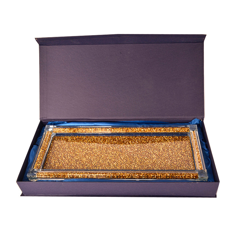 Furnings Three Glass Canister Set on a Tray, Gold Crushed Diamond Glass - 7"H x 4"D