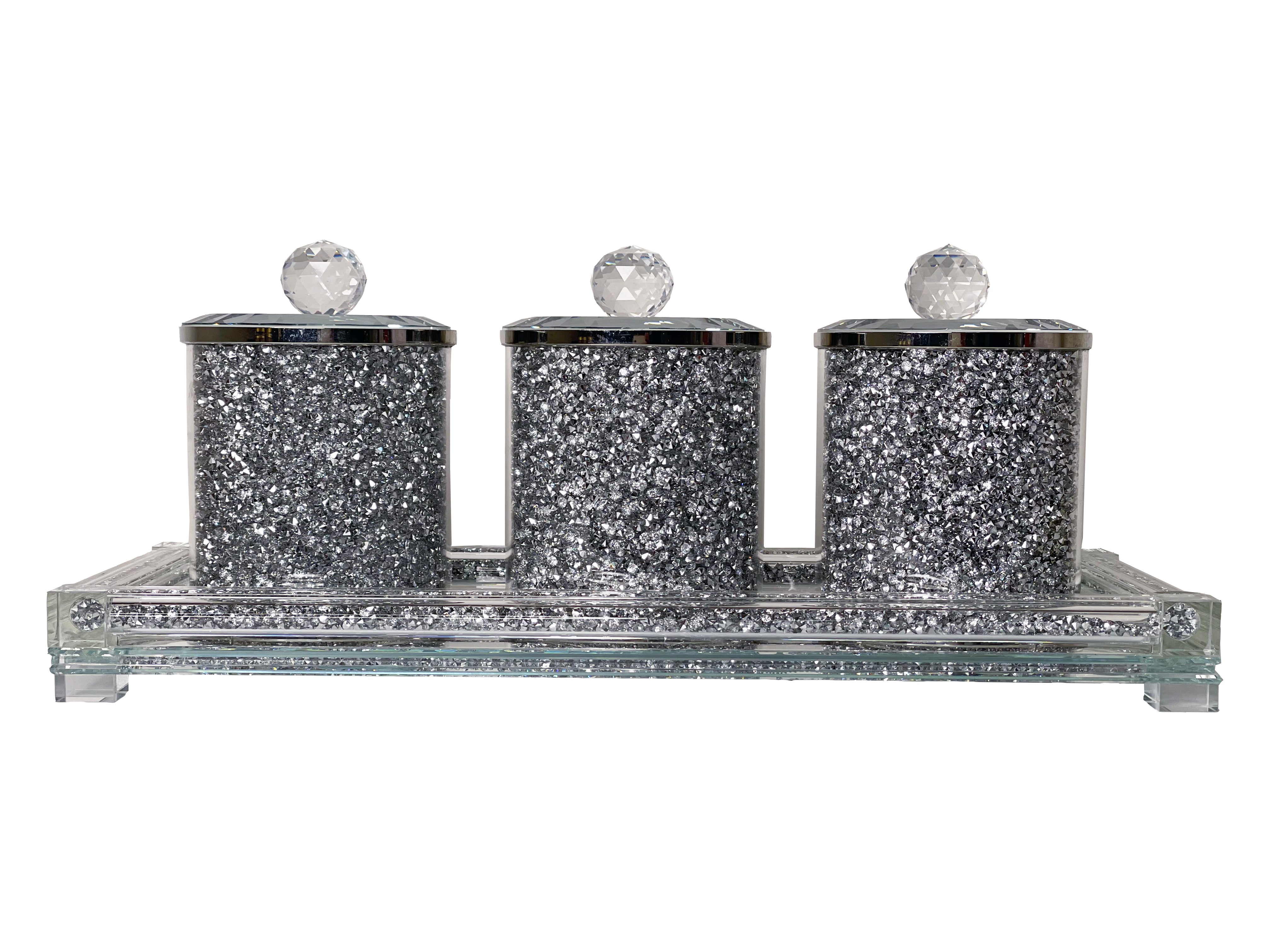 Furnings Three Glass Canister Set on a Tray, Silver Crushed Diamond Glass - 7"H x 4"D