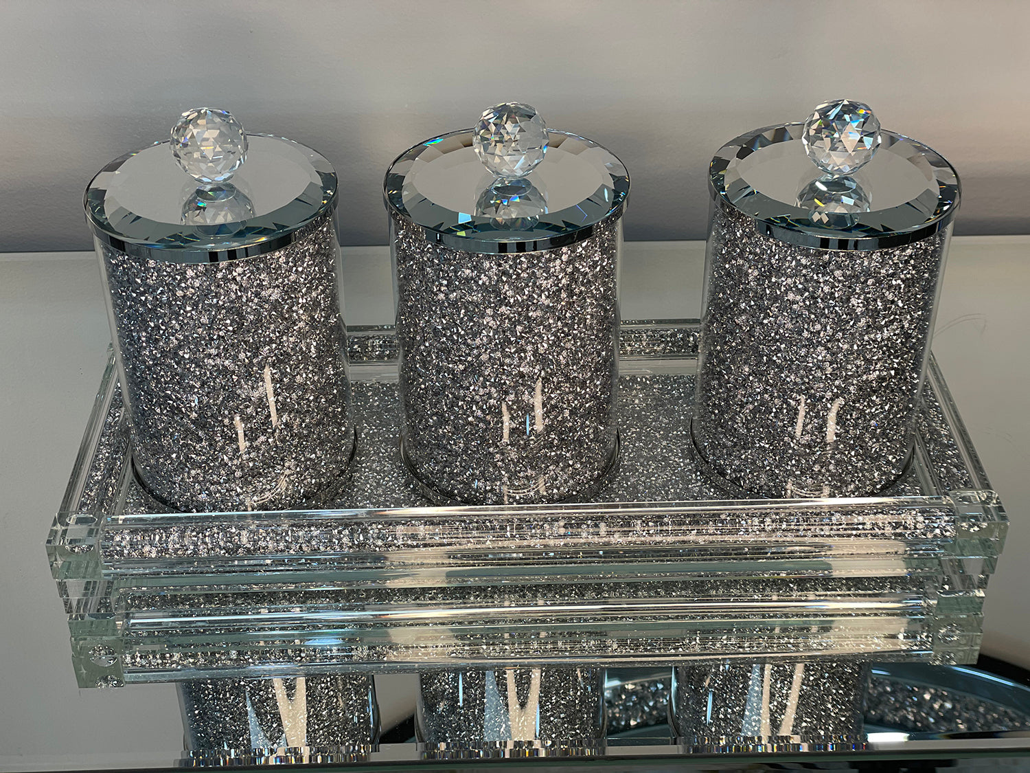 Furnings Three Glass Canister Set on a Tray, Silver Crushed Diamond Glass - 7"H x 4"D