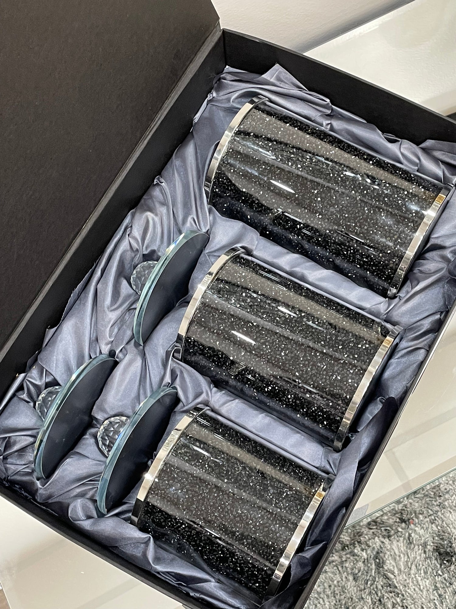 Furnings - Three Canisters and Tray Gift Set, Black Crushed Diamond Glass