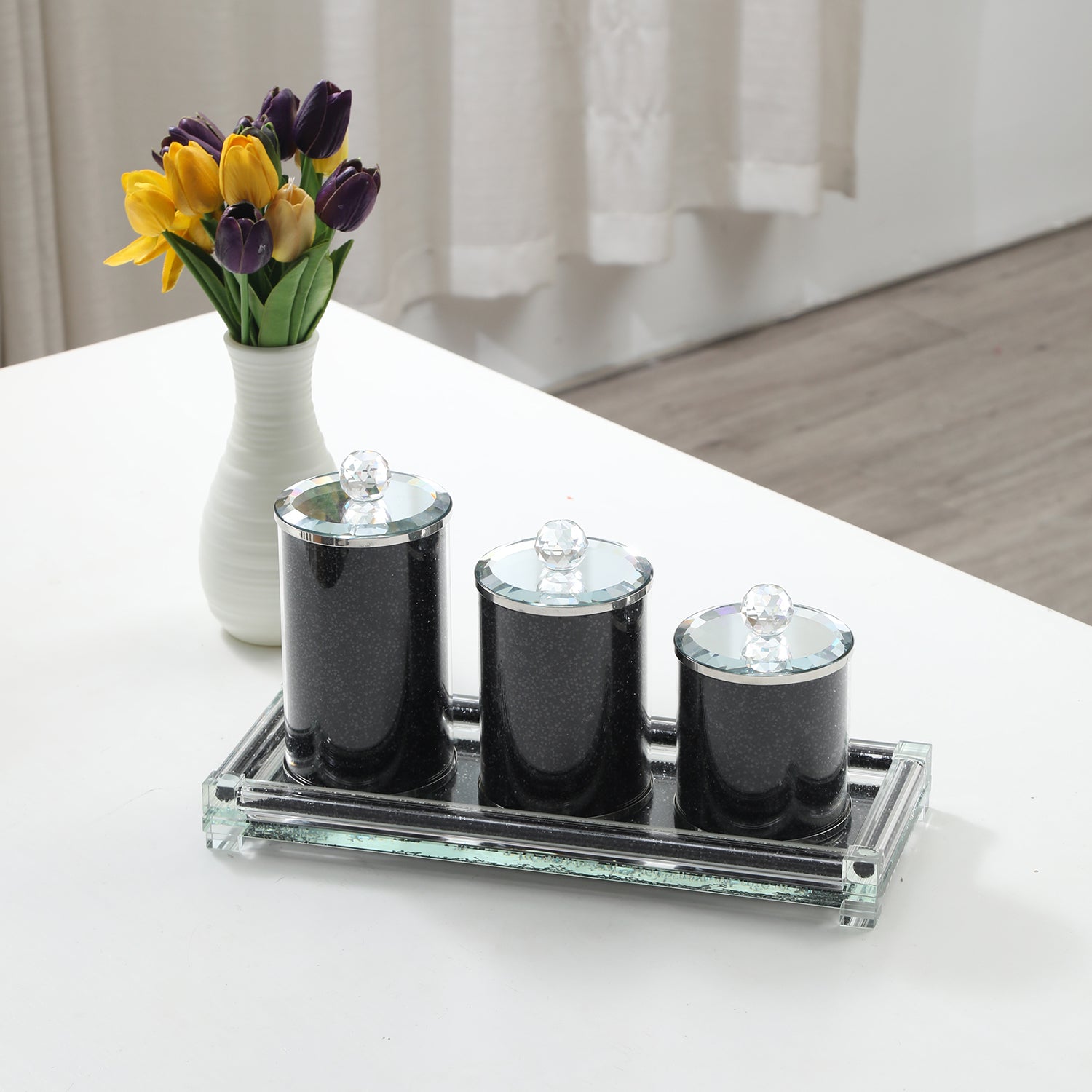 Furnings - Three Canisters and Tray Gift Set, Black Crushed Diamond Glass