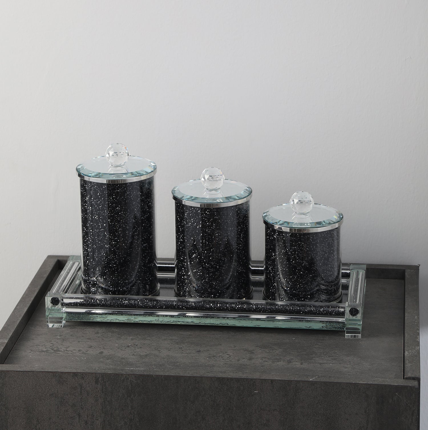 Furnings - Three Canisters and Tray Gift Set, Black Crushed Diamond Glass