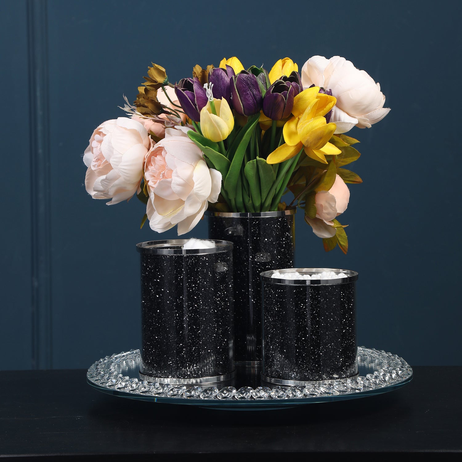 Furnings - Three Canisters and Tray Gift Set, Black Crushed Diamond Glass