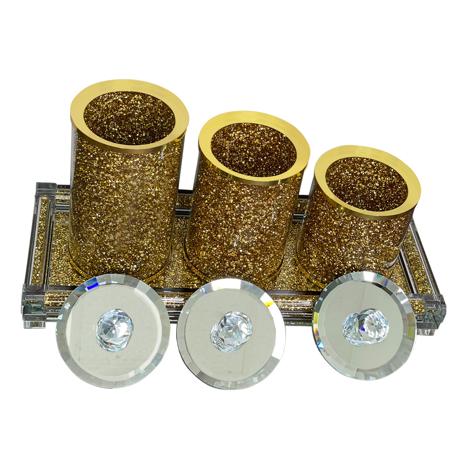 Furnings - Three Canisters and Tray Gift Set, Gold Crushed Diamond Glass