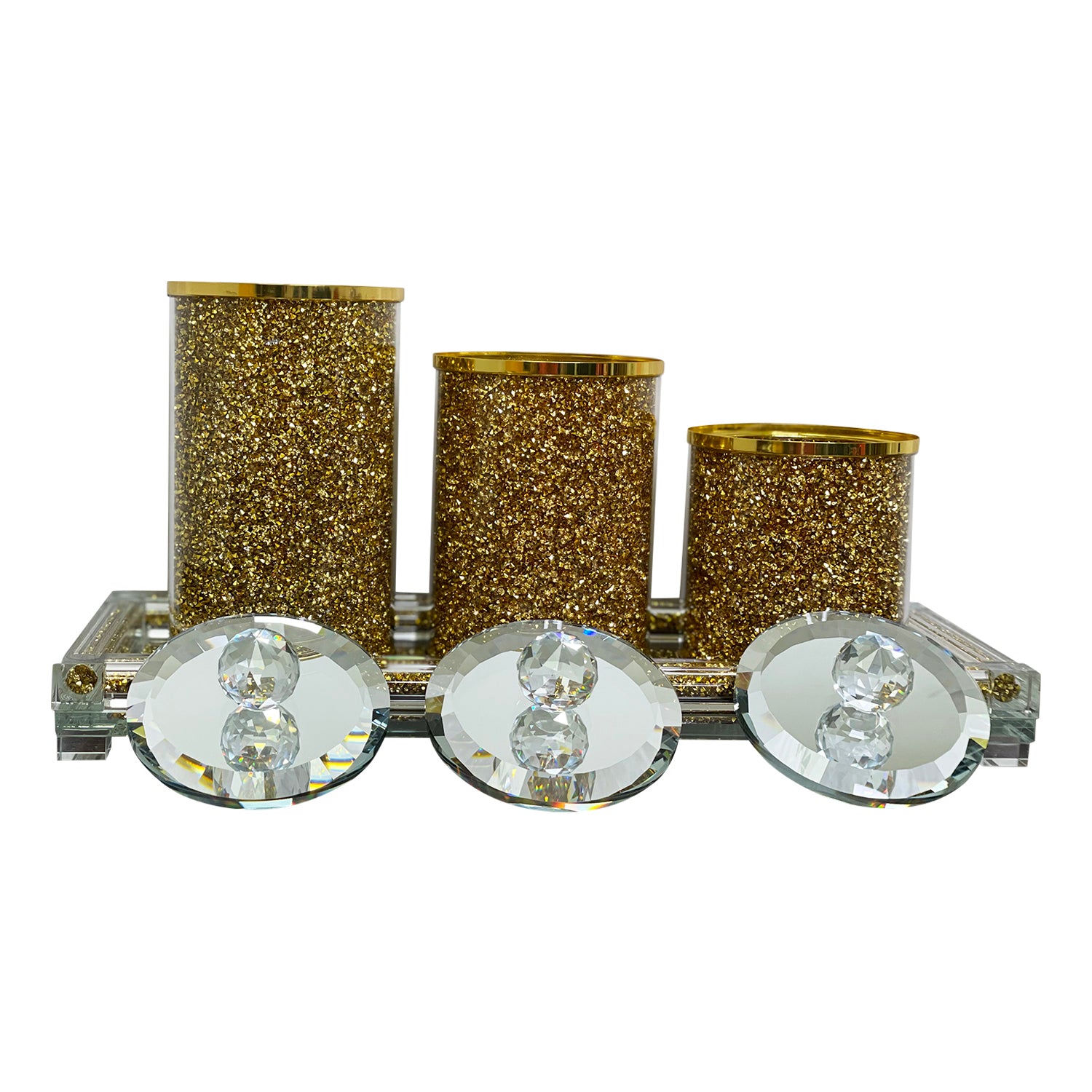 Furnings - Three Canisters and Tray Gift Set, Gold Crushed Diamond Glass