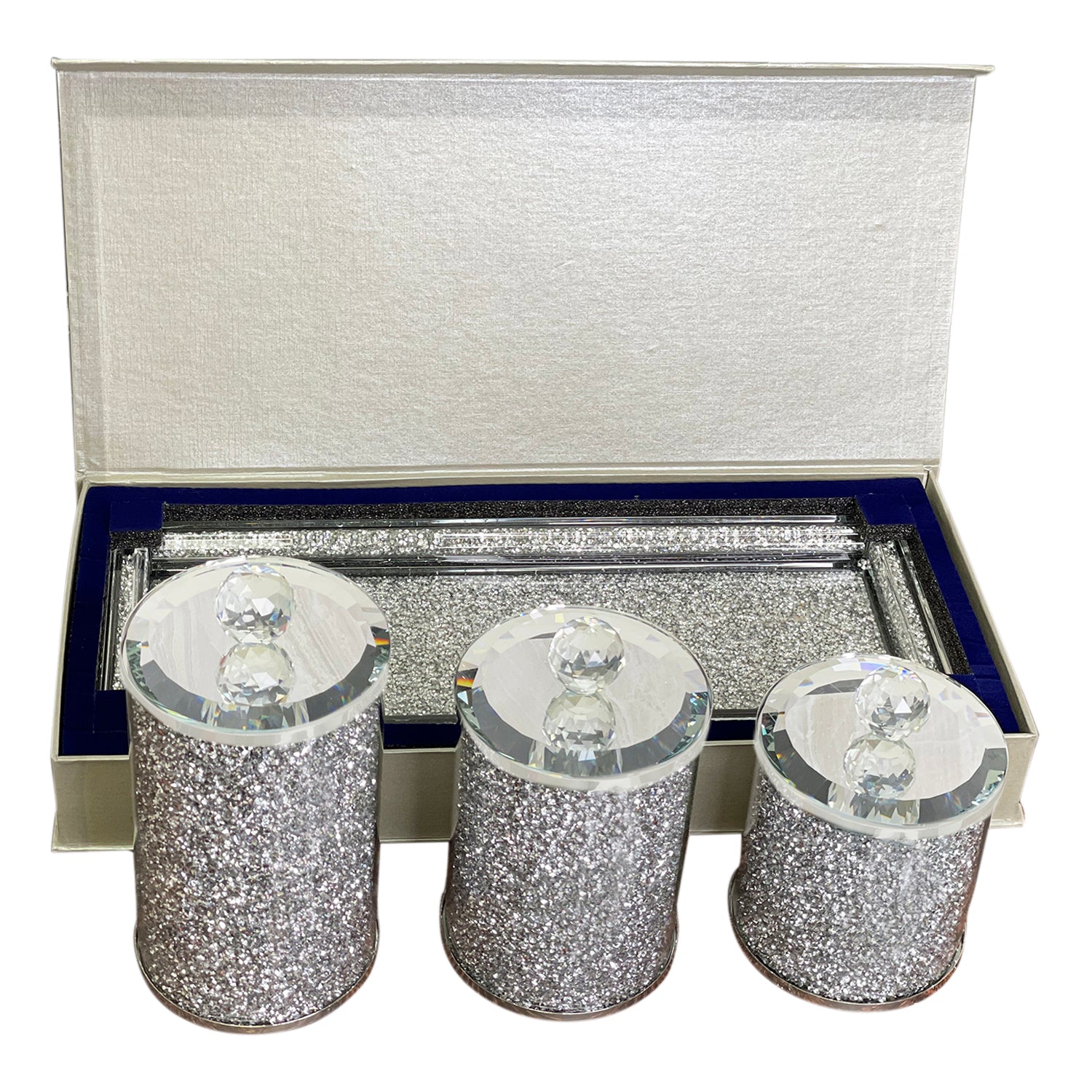 Furnings - Three Canisters and Tray Gift Set, Silver Crushed Diamond Glass