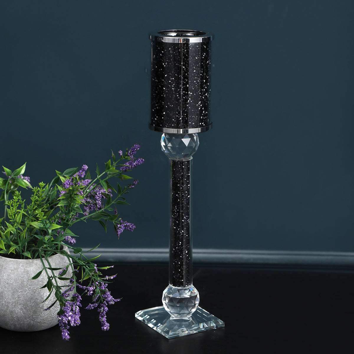 Furnings Ambrose Exquisite Candle Holder in Gift Box, Black Crushed Diamonds Glass - 11"H x 2.75"D