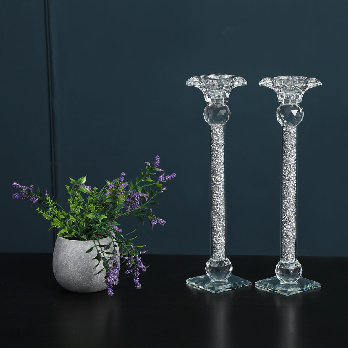 Furnings - Ambrose 2 Candle Holder Set in Gift Box, Silver Crushed Diamonds Glass