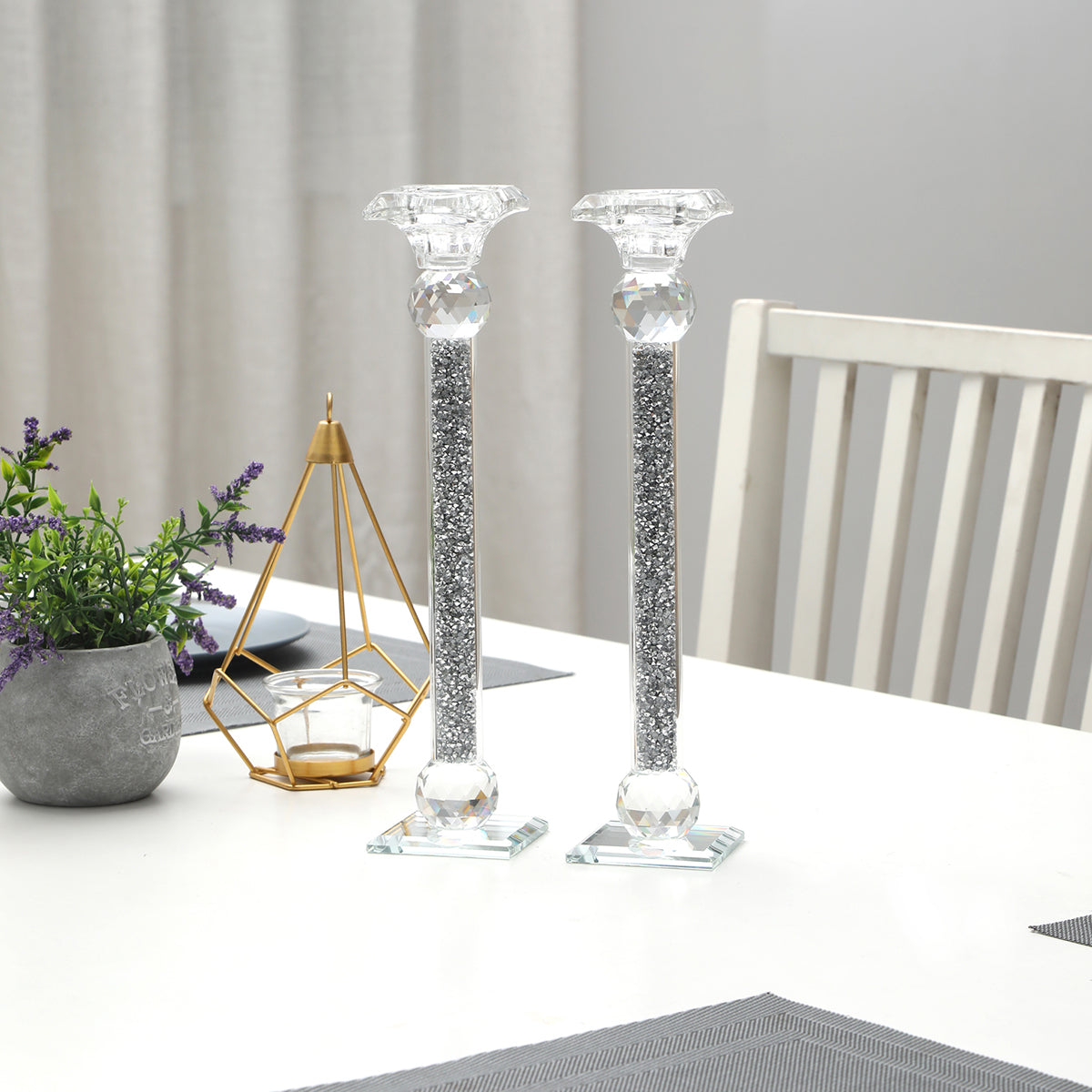 Furnings - Ambrose 2 Candle Holder Set in Gift Box, Silver Crushed Diamonds Glass