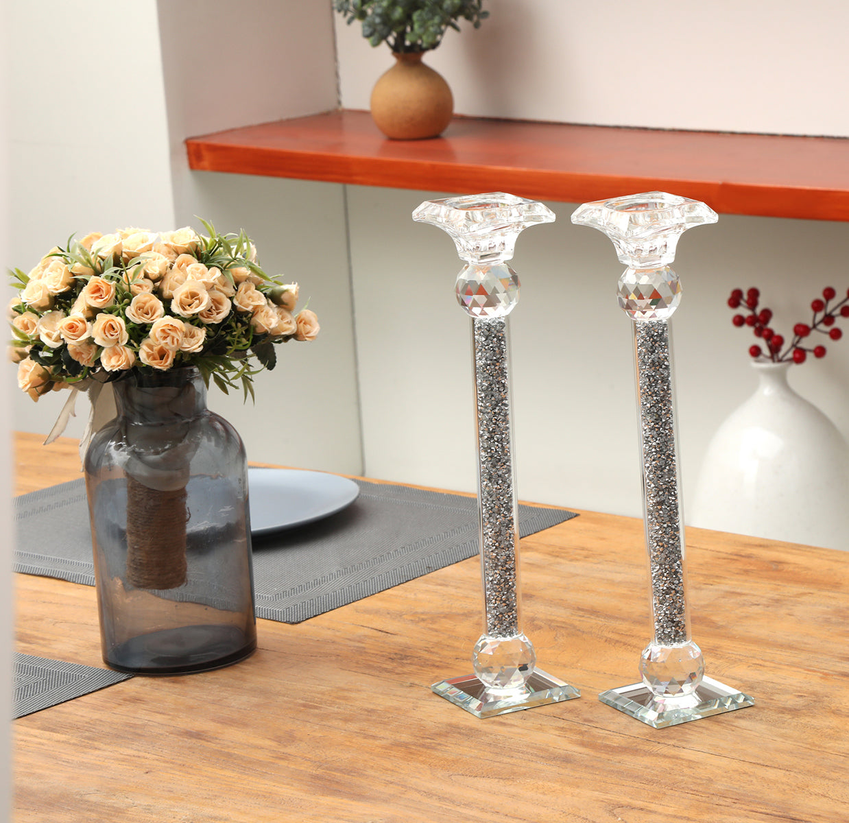 Furnings - Ambrose 2 Candle Holder Set in Gift Box, Silver Crushed Diamonds Glass