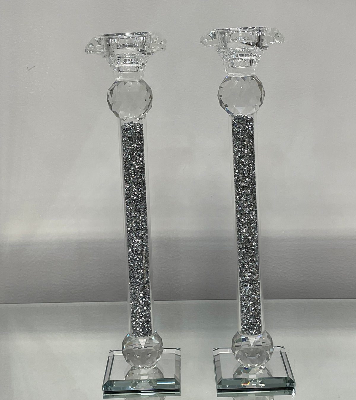 Furnings - Ambrose 2 Candle Holder Set in Gift Box, Silver Crushed Diamonds Glass