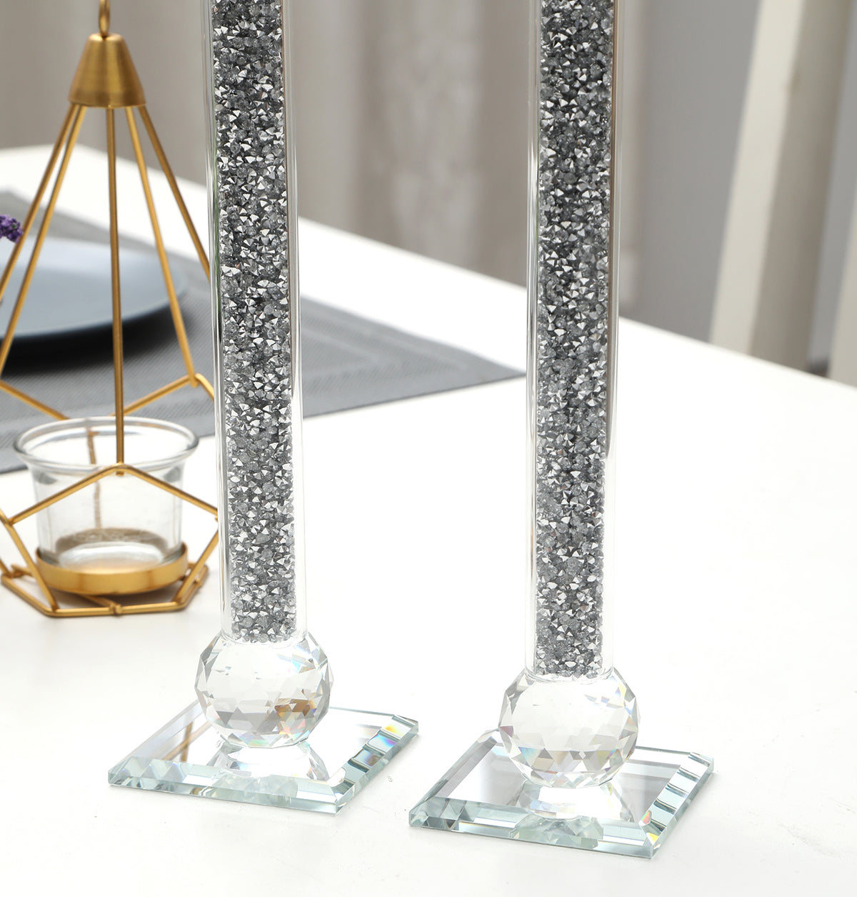 Furnings - Ambrose 2 Candle Holder Set in Gift Box, Silver Crushed Diamonds Glass