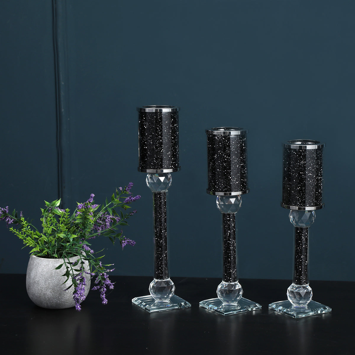 Furnings Ambrose 3 Candles Holder Set, Black Crushed Diamonds Glass