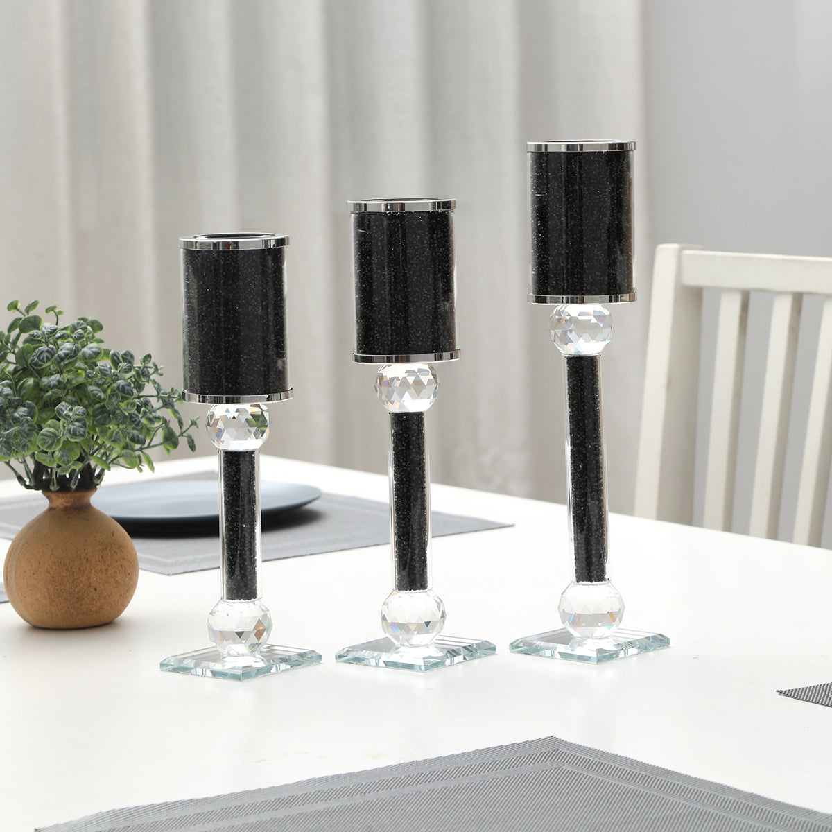 Furnings Ambrose 3 Candles Holder Set, Black Crushed Diamonds Glass