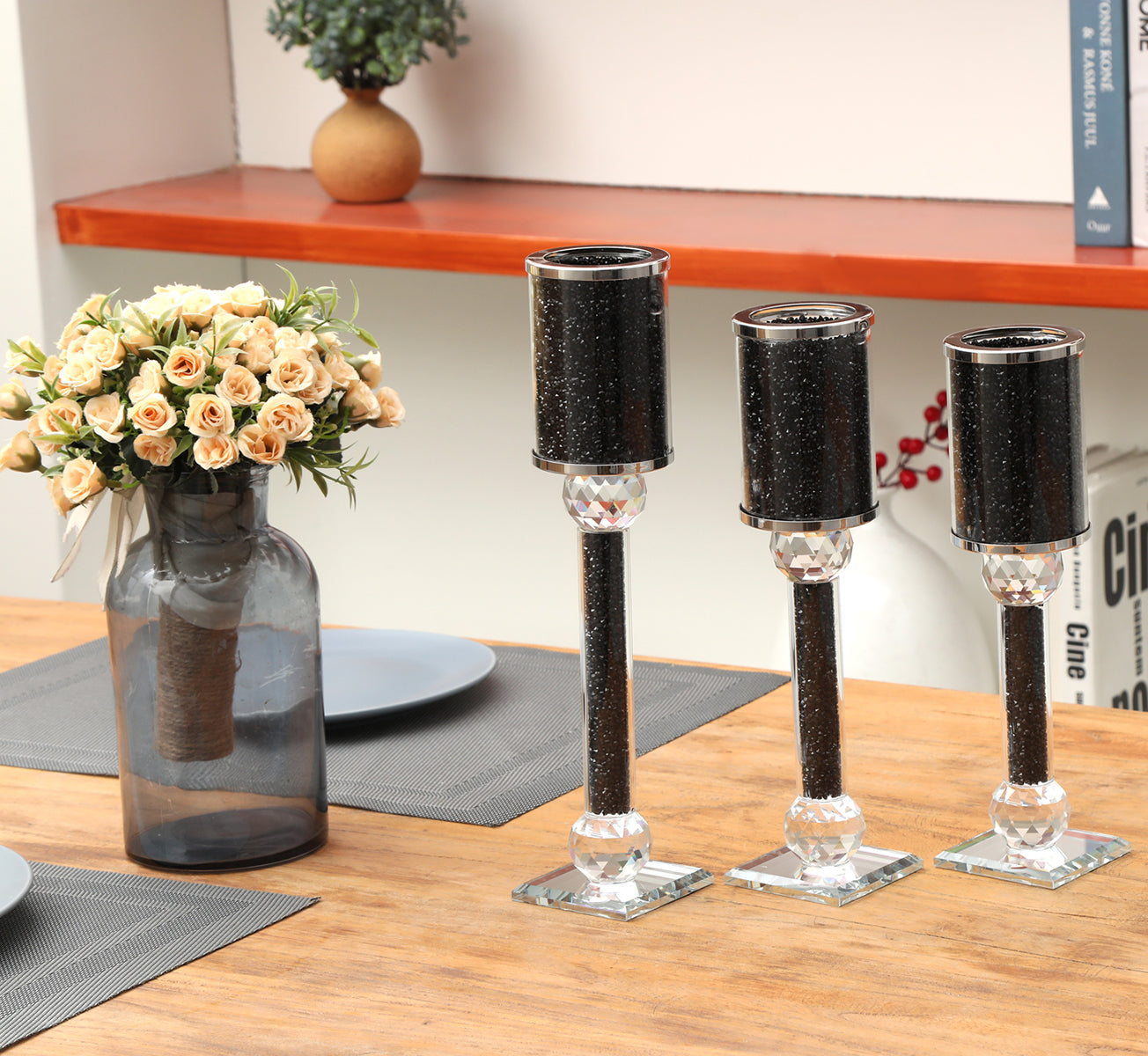 Furnings Ambrose 3 Candles Holder Set, Black Crushed Diamonds Glass