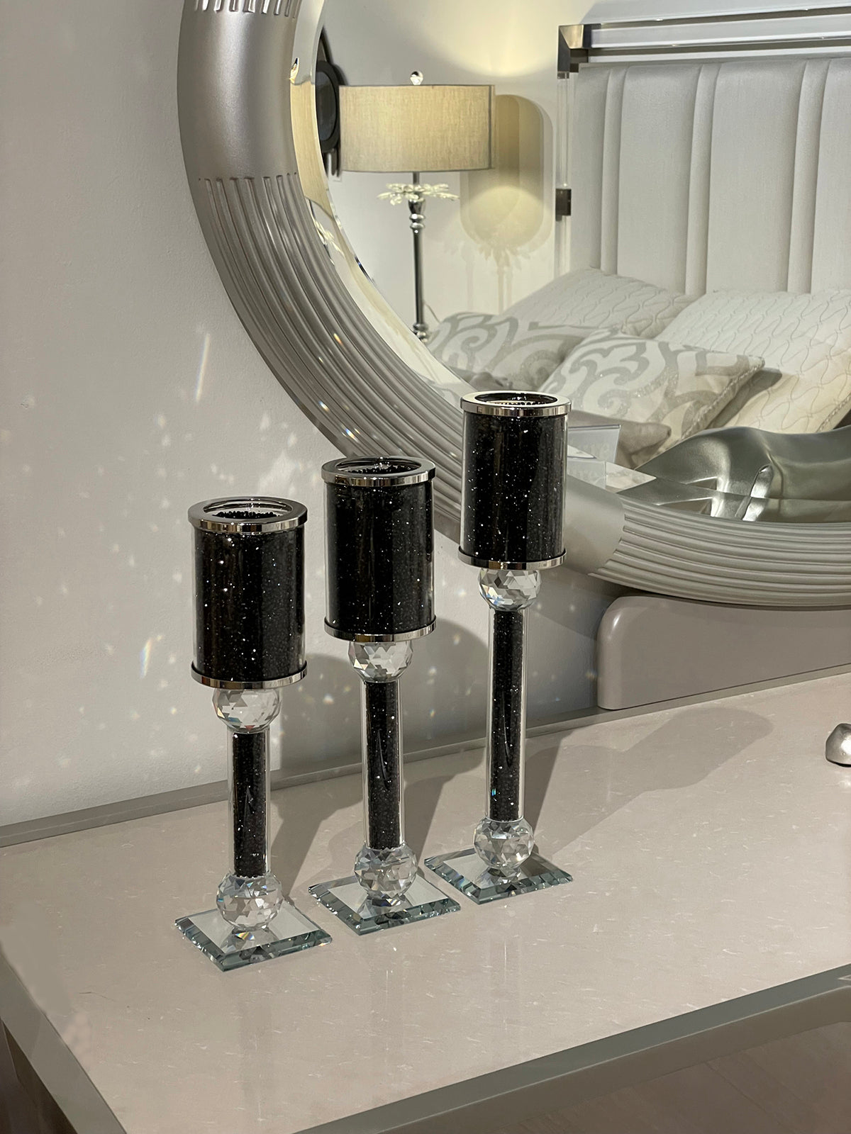 Furnings Ambrose 3 Candles Holder Set, Black Crushed Diamonds Glass