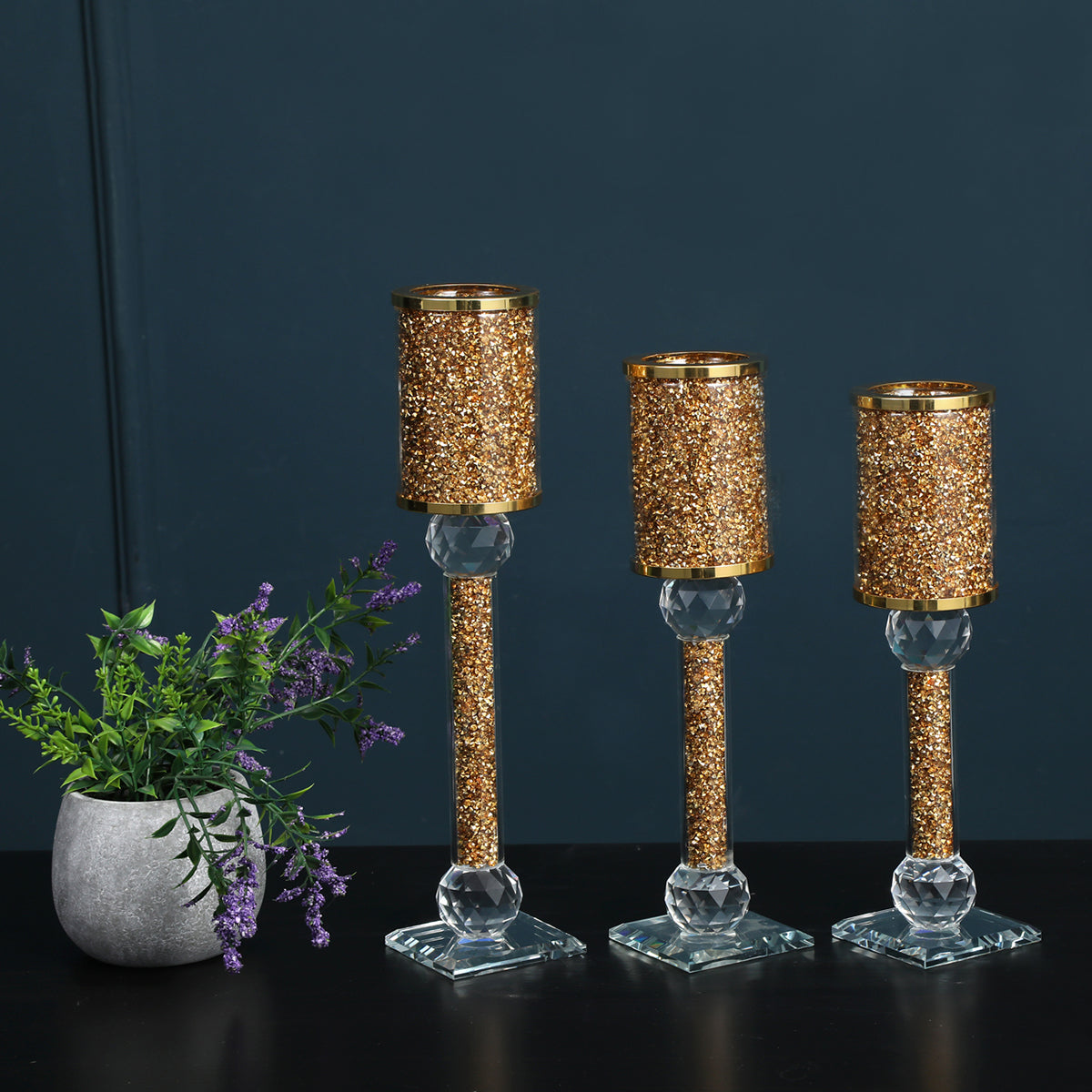 Furnings Ambrose 3 Candles Holder Set, Gold Crushed Diamonds Glass