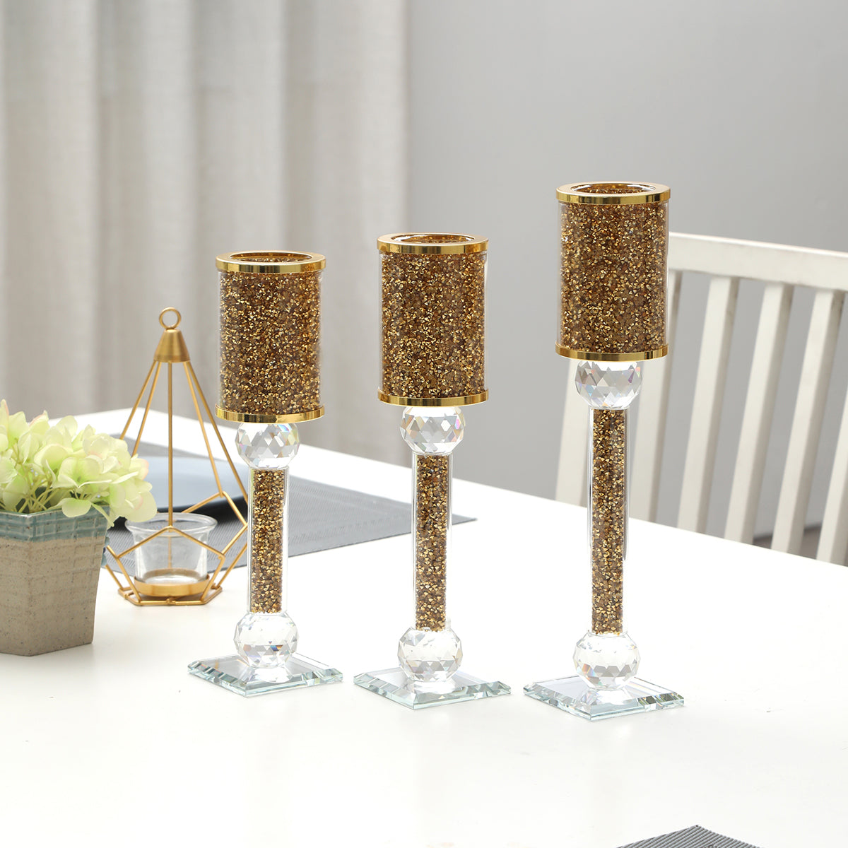 Furnings Ambrose 3 Candles Holder Set, Gold Crushed Diamonds Glass