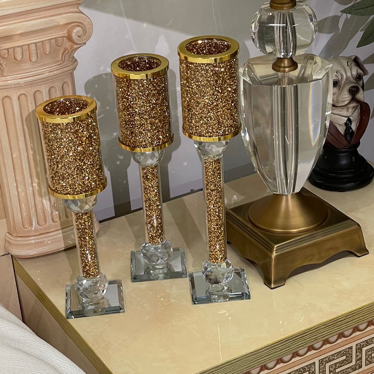 Furnings Ambrose 3 Candles Holder Set, Gold Crushed Diamonds Glass