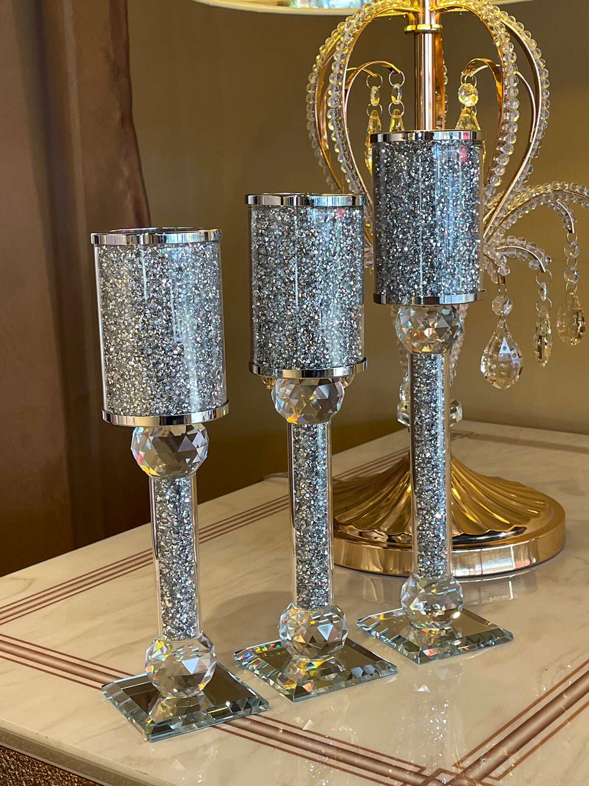 Furnings Ambrose 3 Candles Holder Set, Silver Crushed Diamonds Glass