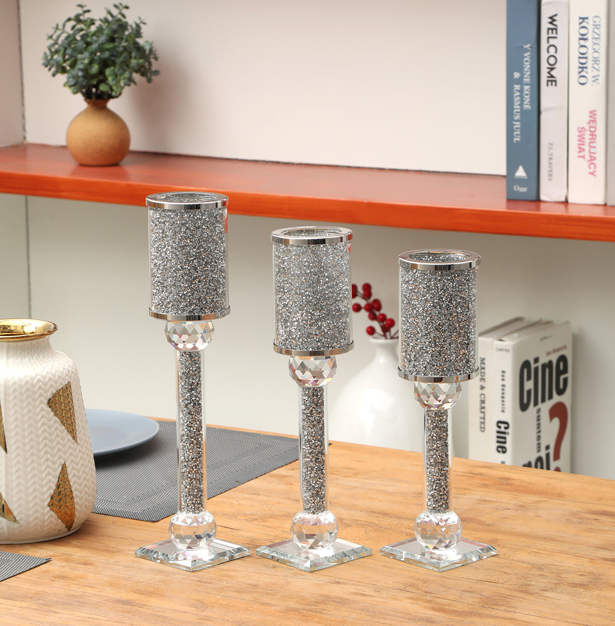 Furnings Ambrose 3 Candles Holder Set, Silver Crushed Diamonds Glass