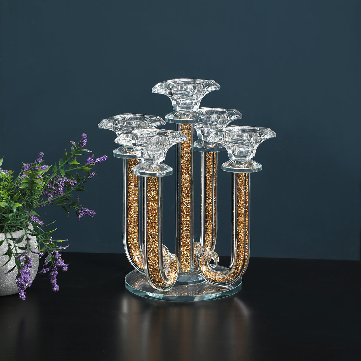 Furnings - Ambrose 5 Candles Holder with Pendants, Gold Crushed Diamonds Glass