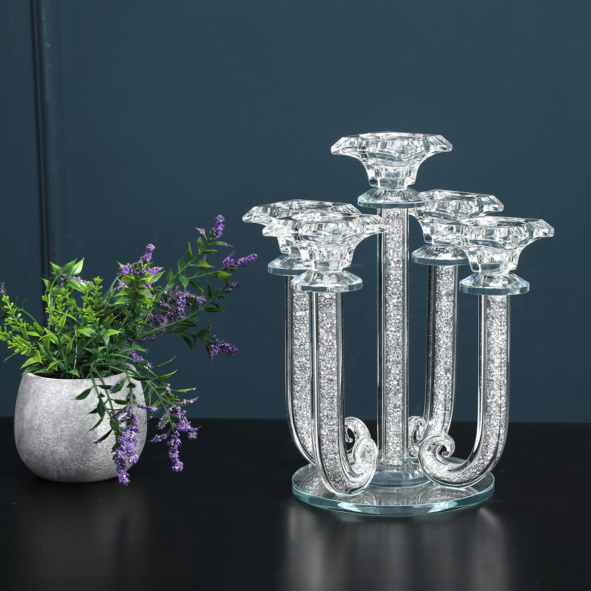 Furnings Ambrose 5 Candles Holder with Pendants, Silver Crushed Diamonds Glass