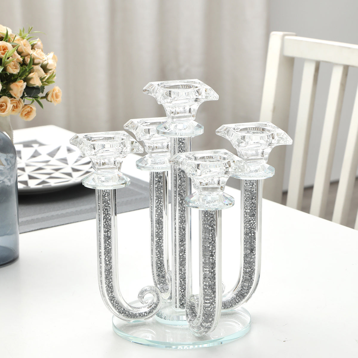 Furnings Ambrose 5 Candles Holder with Pendants, Silver Crushed Diamonds Glass