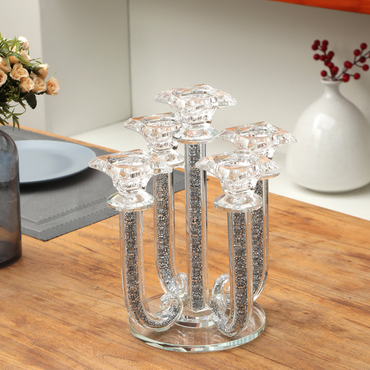 Furnings Ambrose 5 Candles Holder with Pendants, Silver Crushed Diamonds Glass