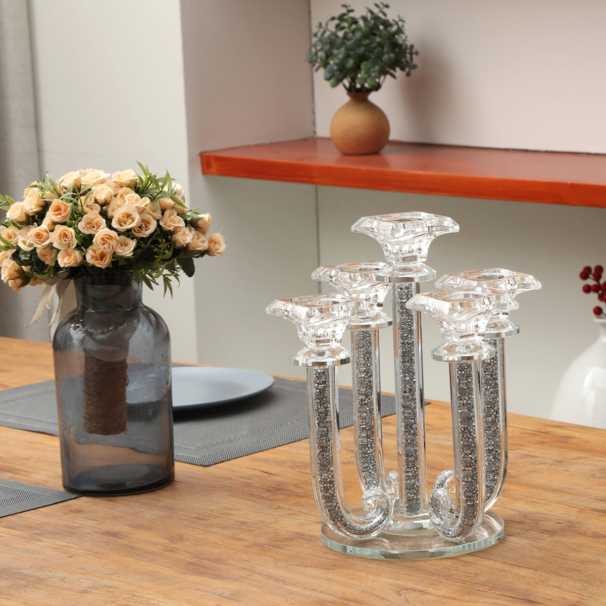 Furnings Ambrose 5 Candles Holder with Pendants, Silver Crushed Diamonds Glass