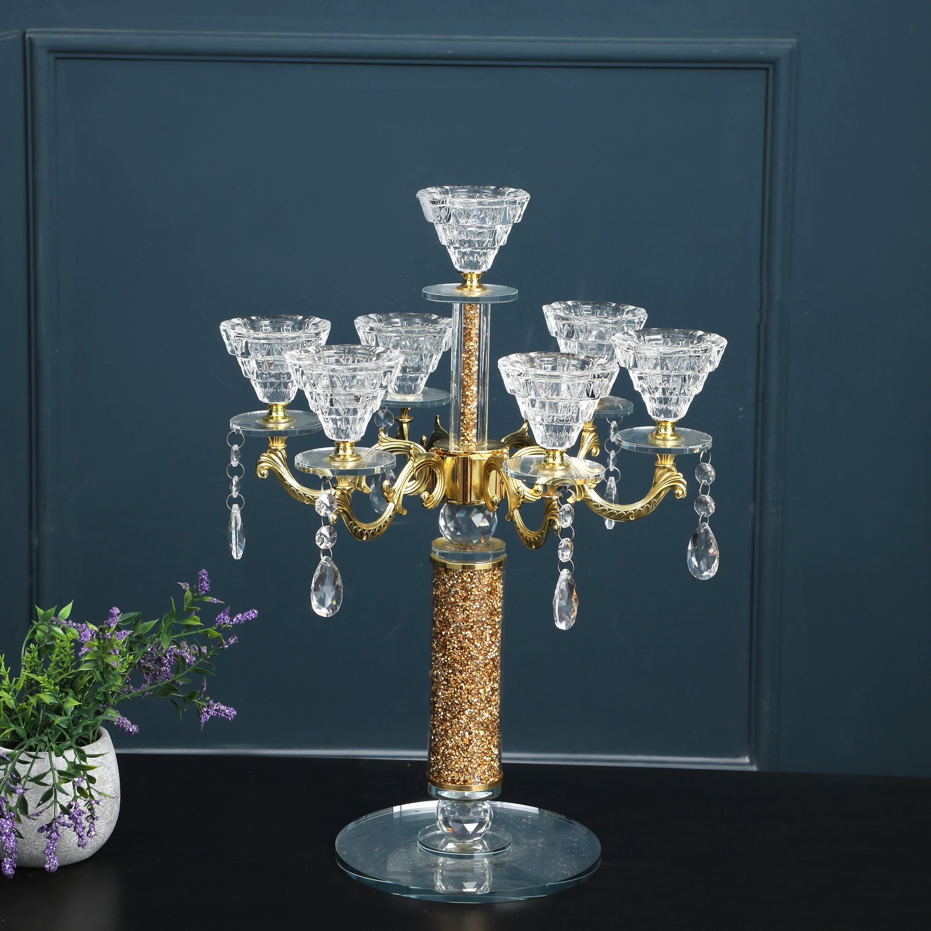 Furnings - Ambrose 7 Candles Holder with Pendants, Gold Crushed Diamonds Glass