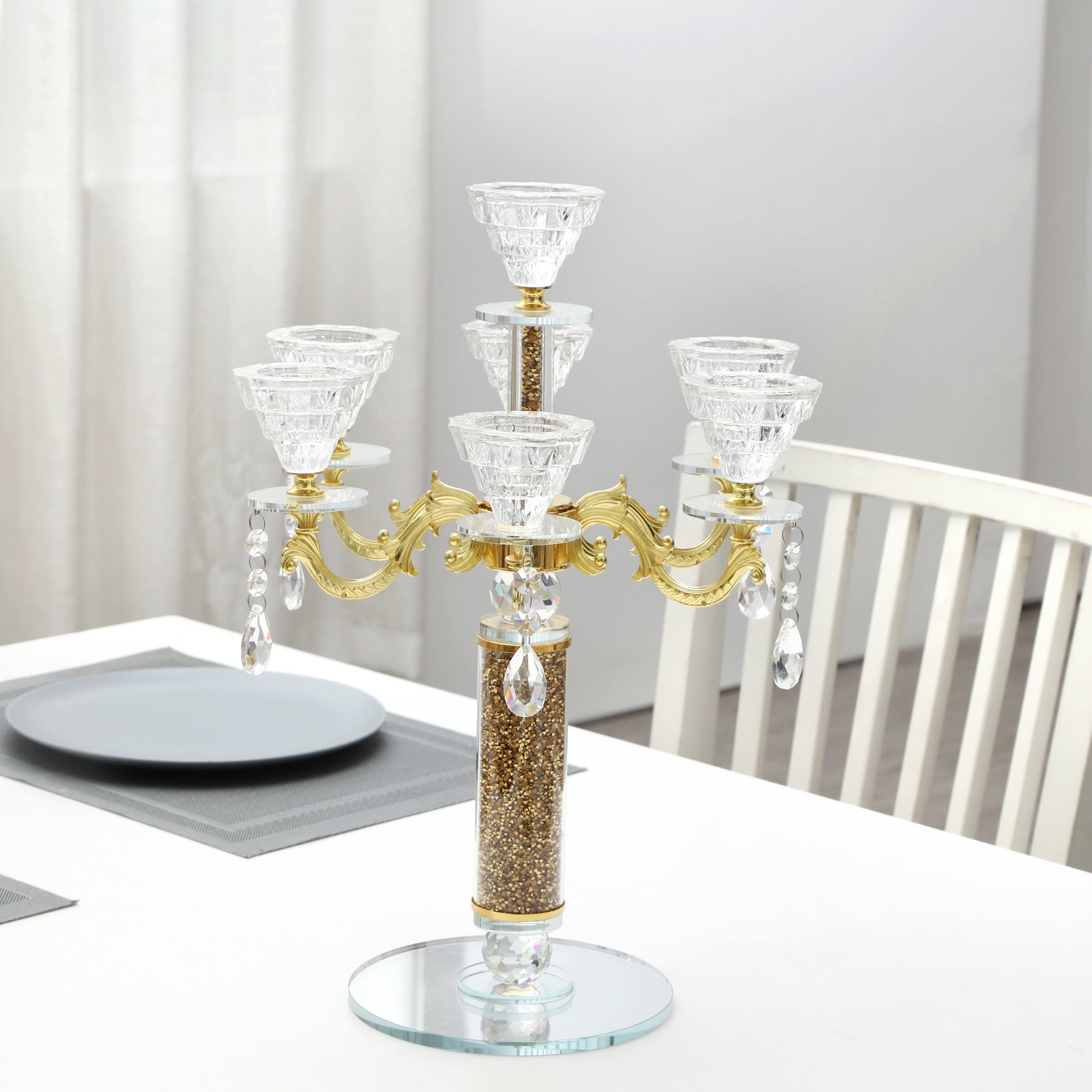 Furnings - Ambrose 7 Candles Holder with Pendants, Gold Crushed Diamonds Glass