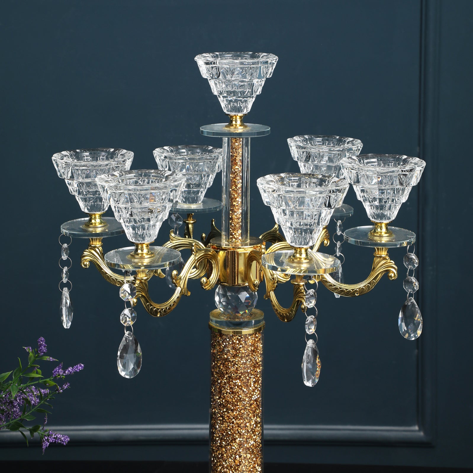 Furnings - Ambrose 7 Candles Holder with Pendants, Gold Crushed Diamonds Glass