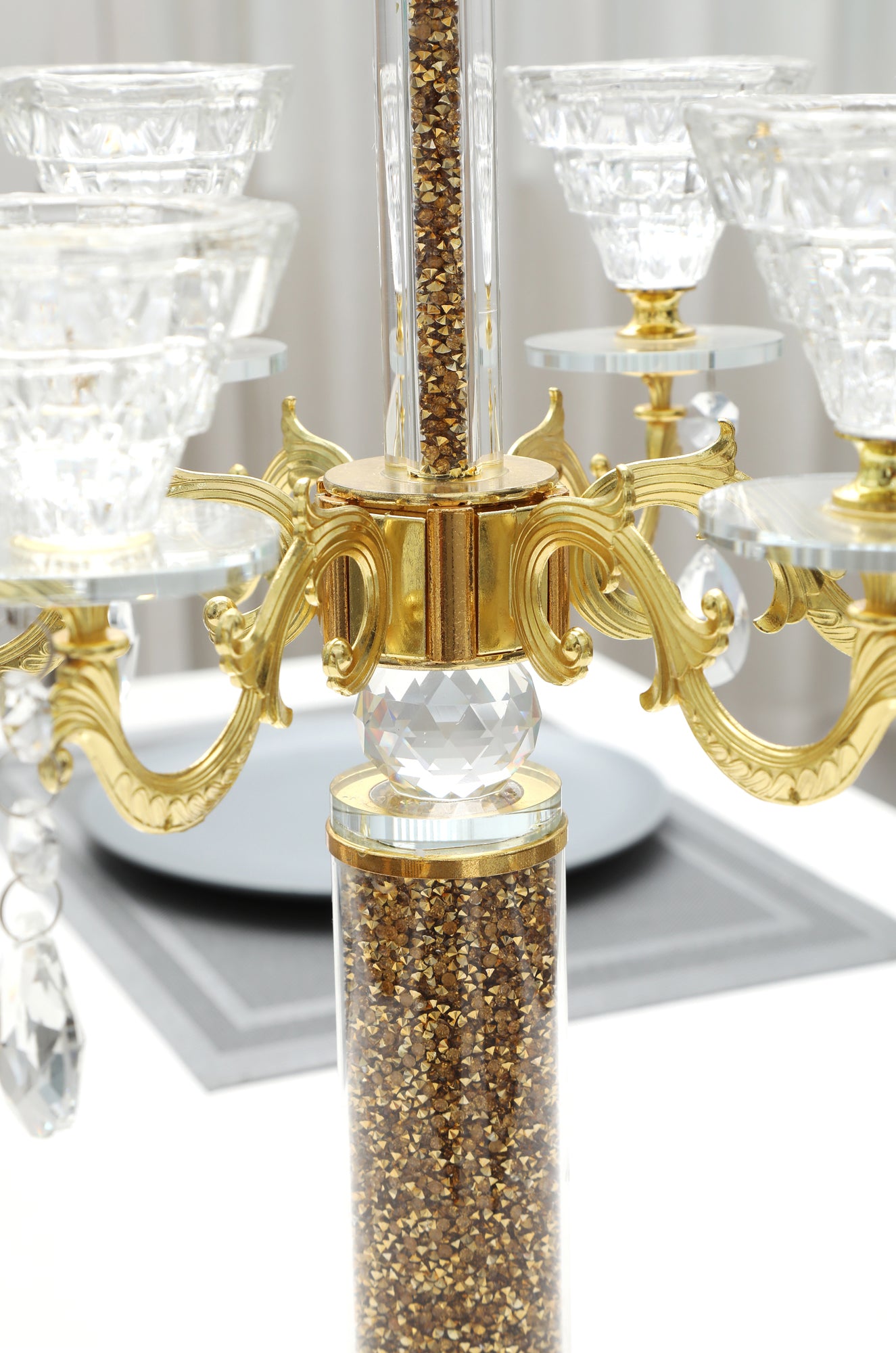 Furnings - Ambrose 7 Candles Holder with Pendants, Gold Crushed Diamonds Glass