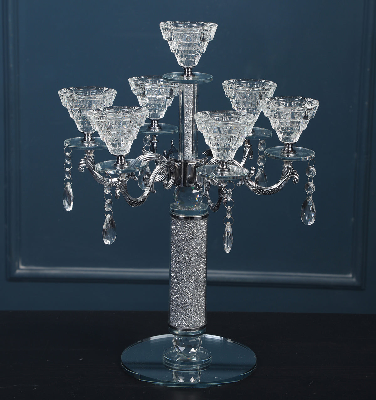 Furnings - Ambrose 7 Candles Holder with Pendants, Silver Crushed Diamonds Glass