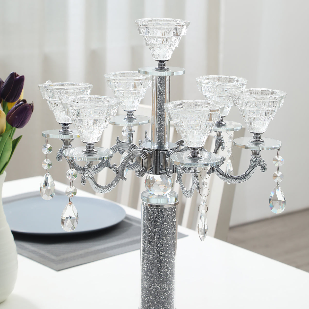 Furnings - Ambrose 7 Candles Holder with Pendants, Silver Crushed Diamonds Glass