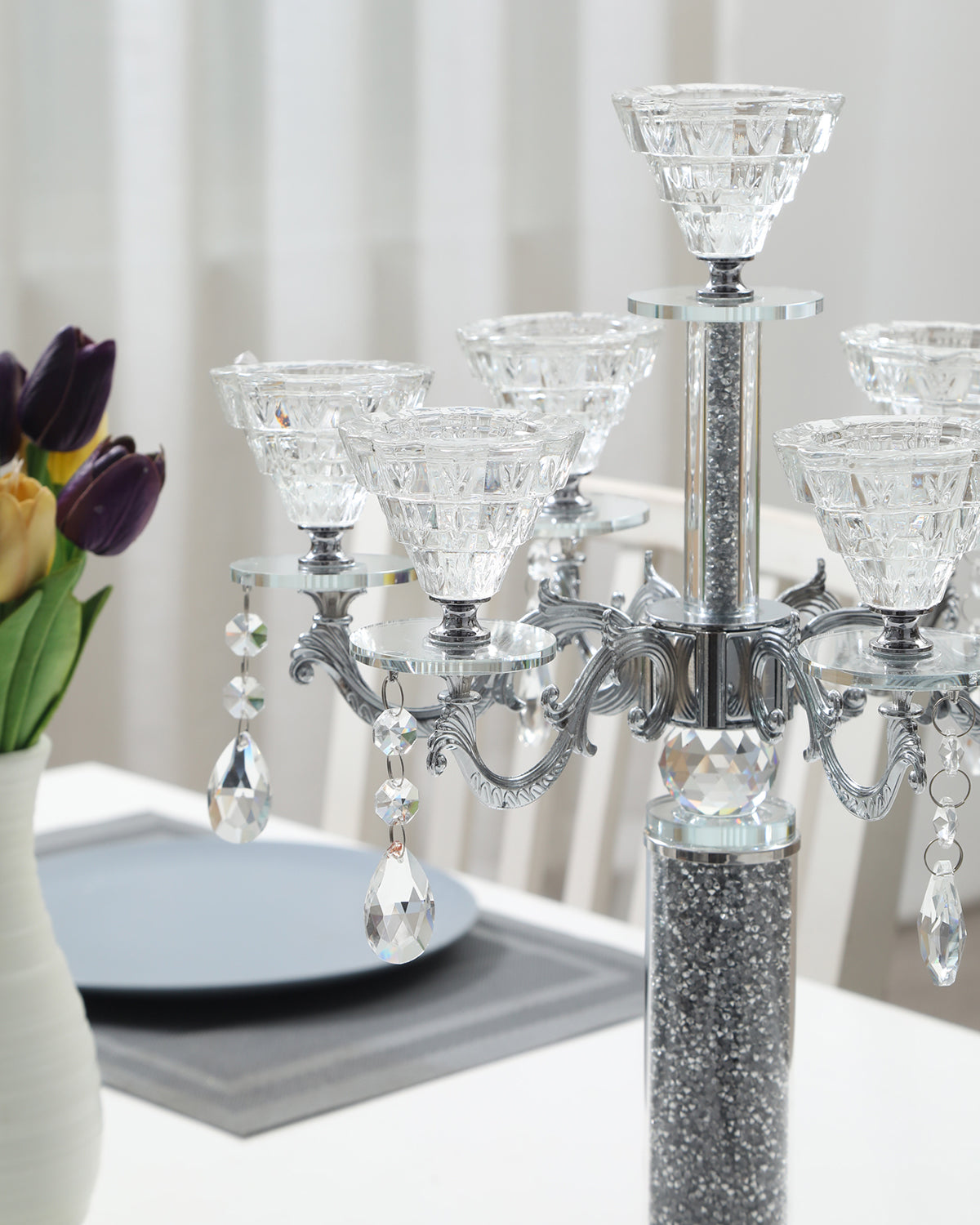 Furnings - Ambrose 7 Candles Holder with Pendants, Silver Crushed Diamonds Glass