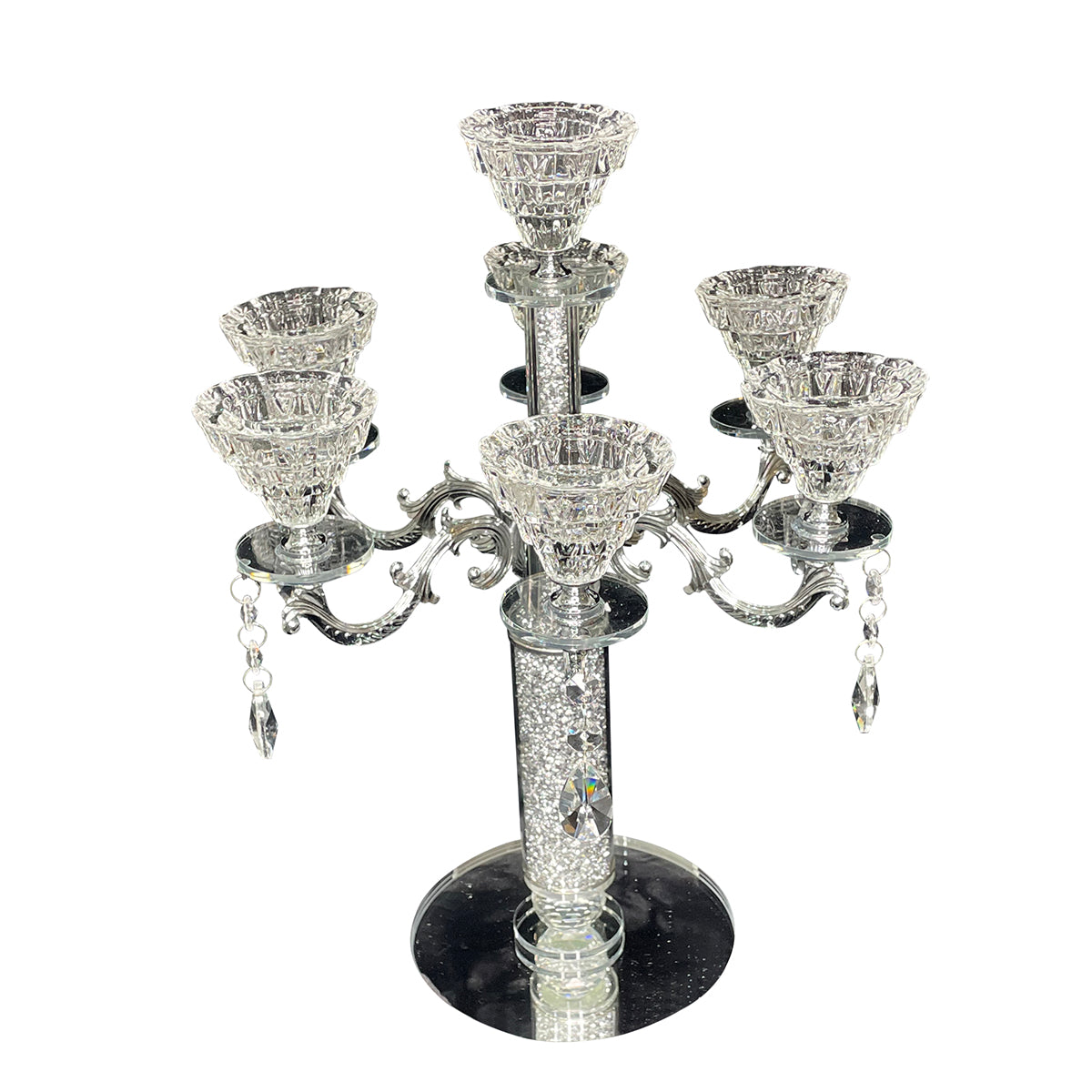 Furnings - Ambrose 7 Candles Holder with Pendants, Silver Crushed Diamonds Glass