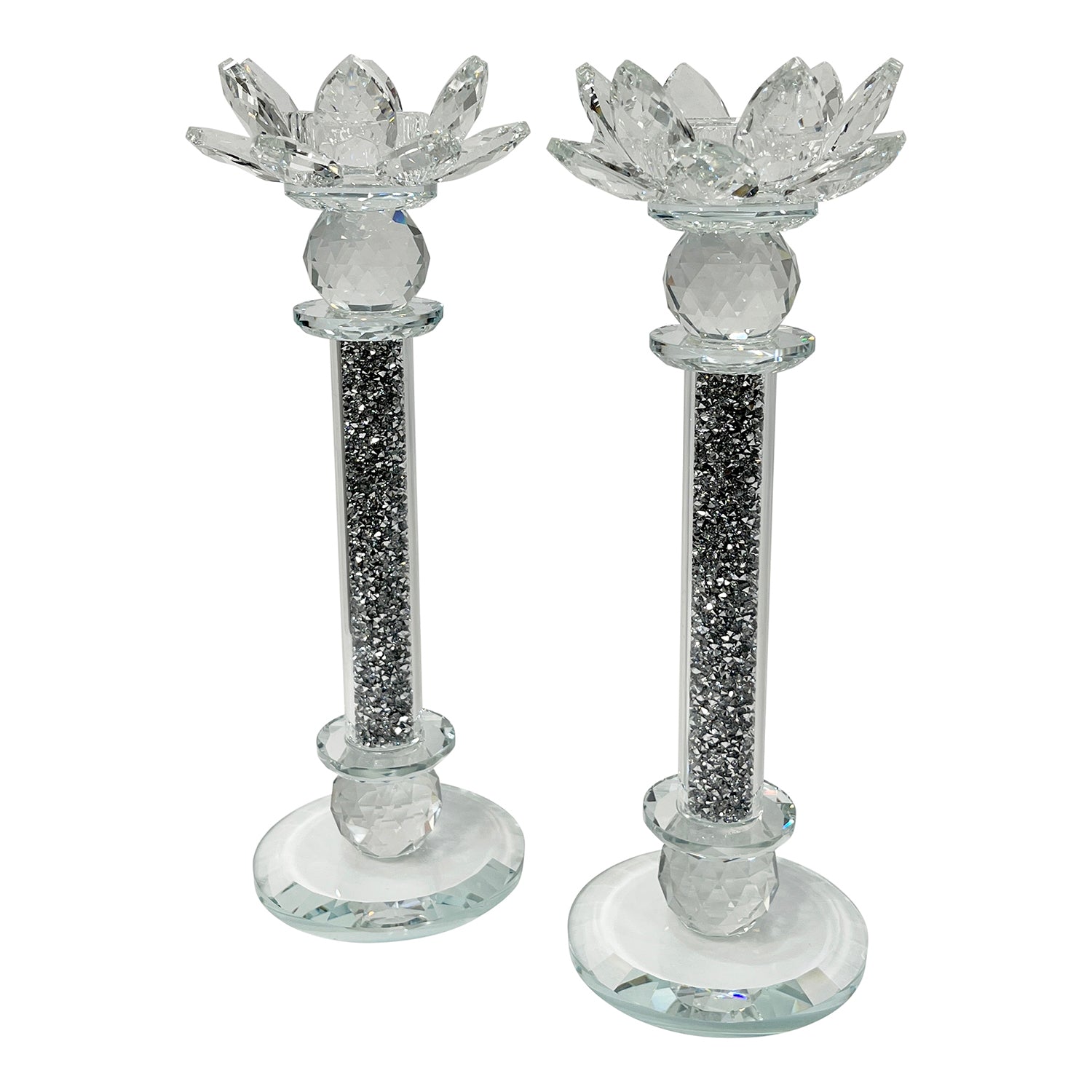 Furnings - Ambrose Exquisite 2 Candle Holder Set in Gift Box, Silver Crushed Diamonds Glass