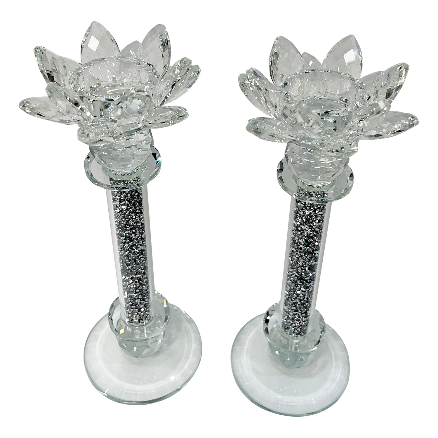 Furnings - Ambrose Exquisite 2 Candle Holder Set in Gift Box, Silver Crushed Diamonds Glass