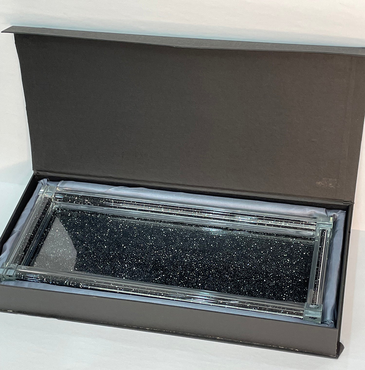 Furnings Three Glass Canister Set on a Tray, Black Crushed Diamond Glass - 5.5"H x 4"D