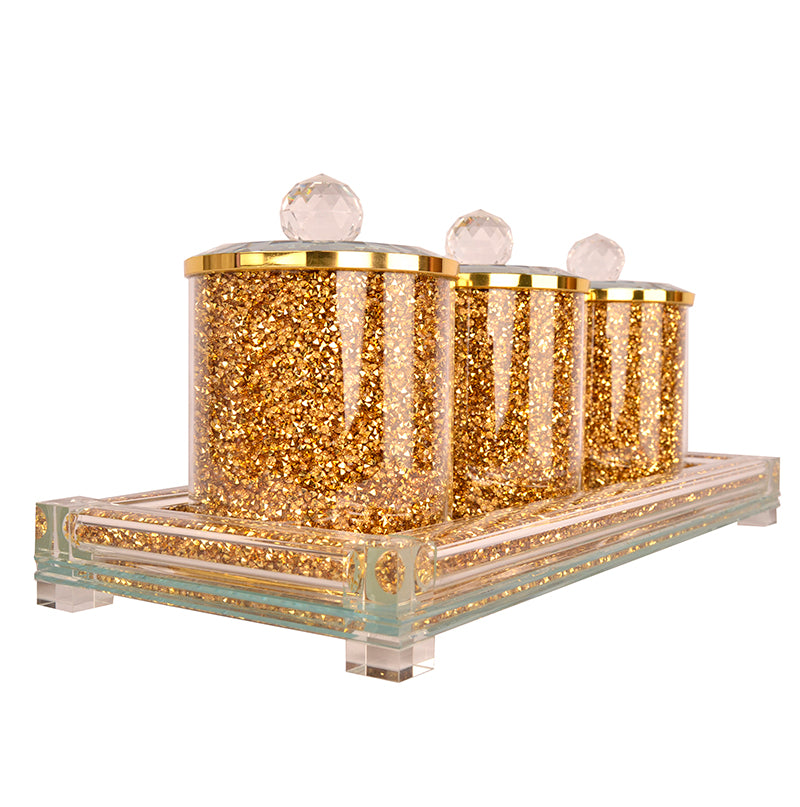 Furnings Three Glass Canister Set on a Tray, Gold Crushed Diamond Glass - 5.5"H x 4"D