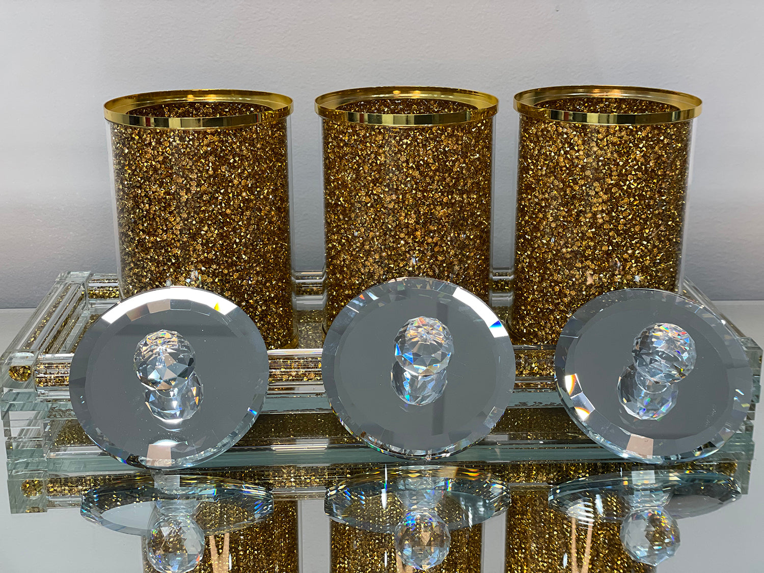 Furnings Three Glass Canister Set on a Tray, Gold Crushed Diamond Glass - 5.5"H x 4"D