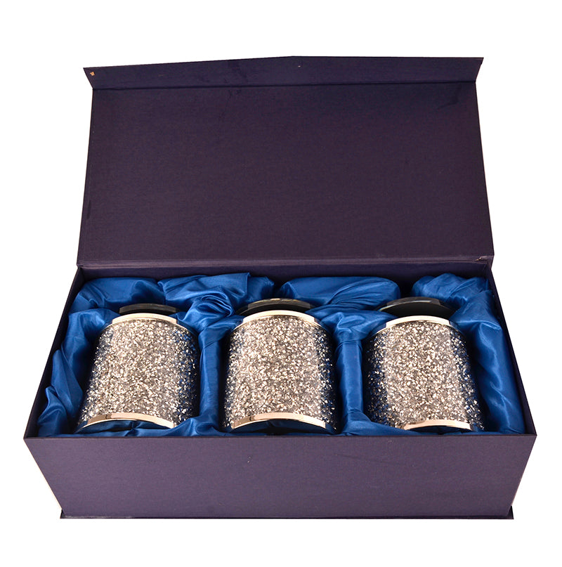 Furnings Three Glass Canister Set on a Tray, Silver Crushed Diamond Glass - 5.5"H x 4D