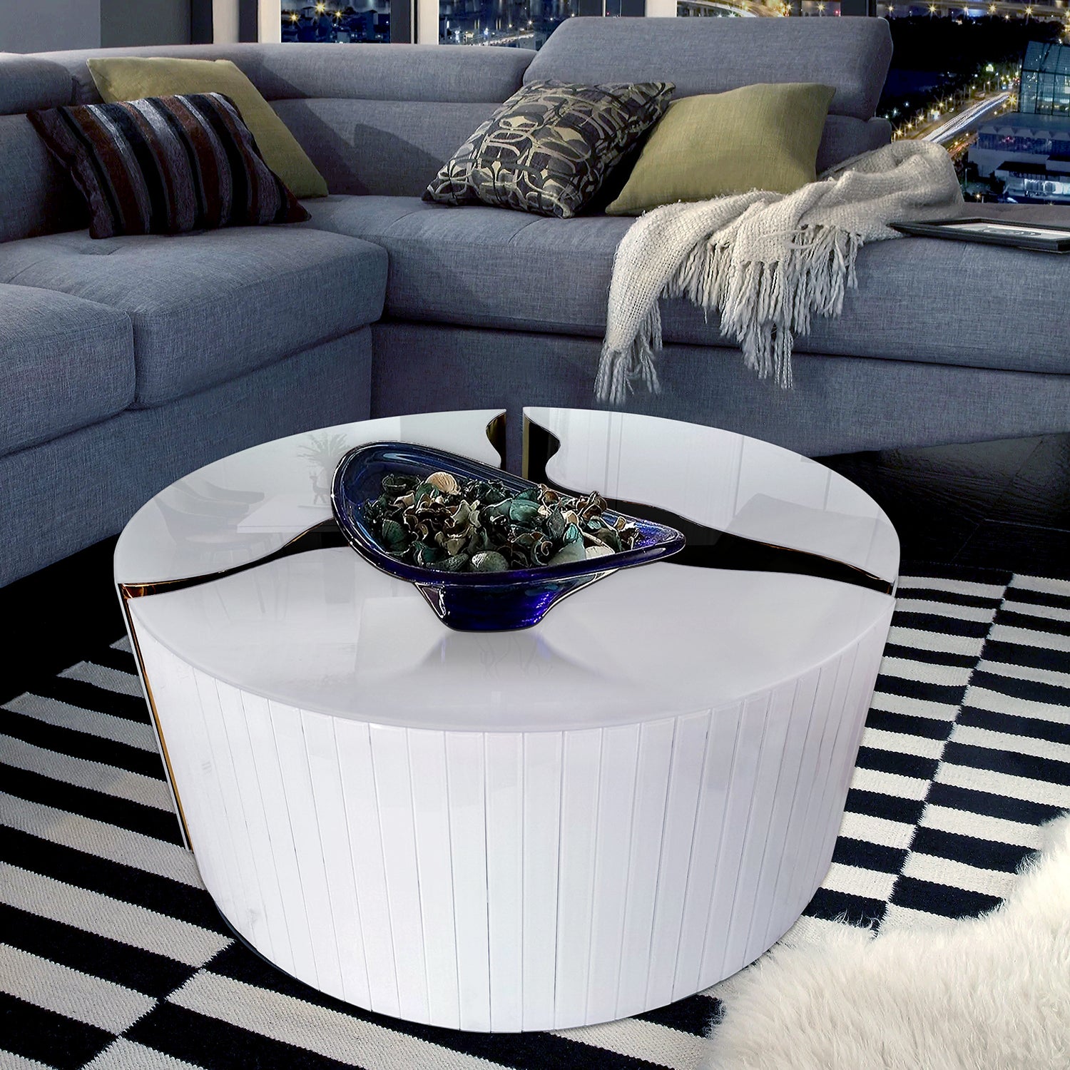 Furnings - Unique 3-Piece Round Coffee Table Set in White and Gold Modern Design