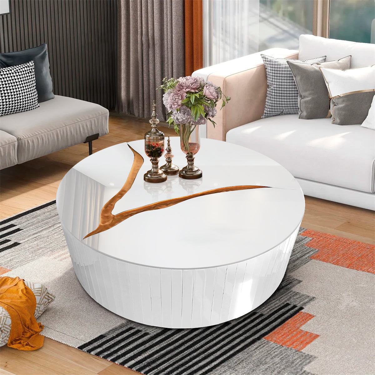 Furnings - White Modern Round Coffee Table with Gold Accent Design